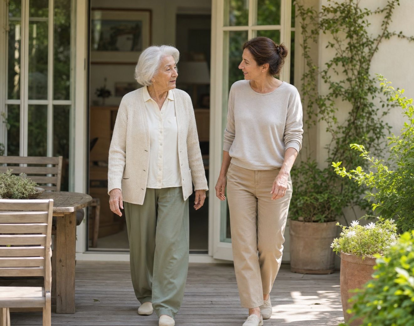 Betreuungskraft und Seniorin bei einem gemeinsamen Spaziergang im Garten